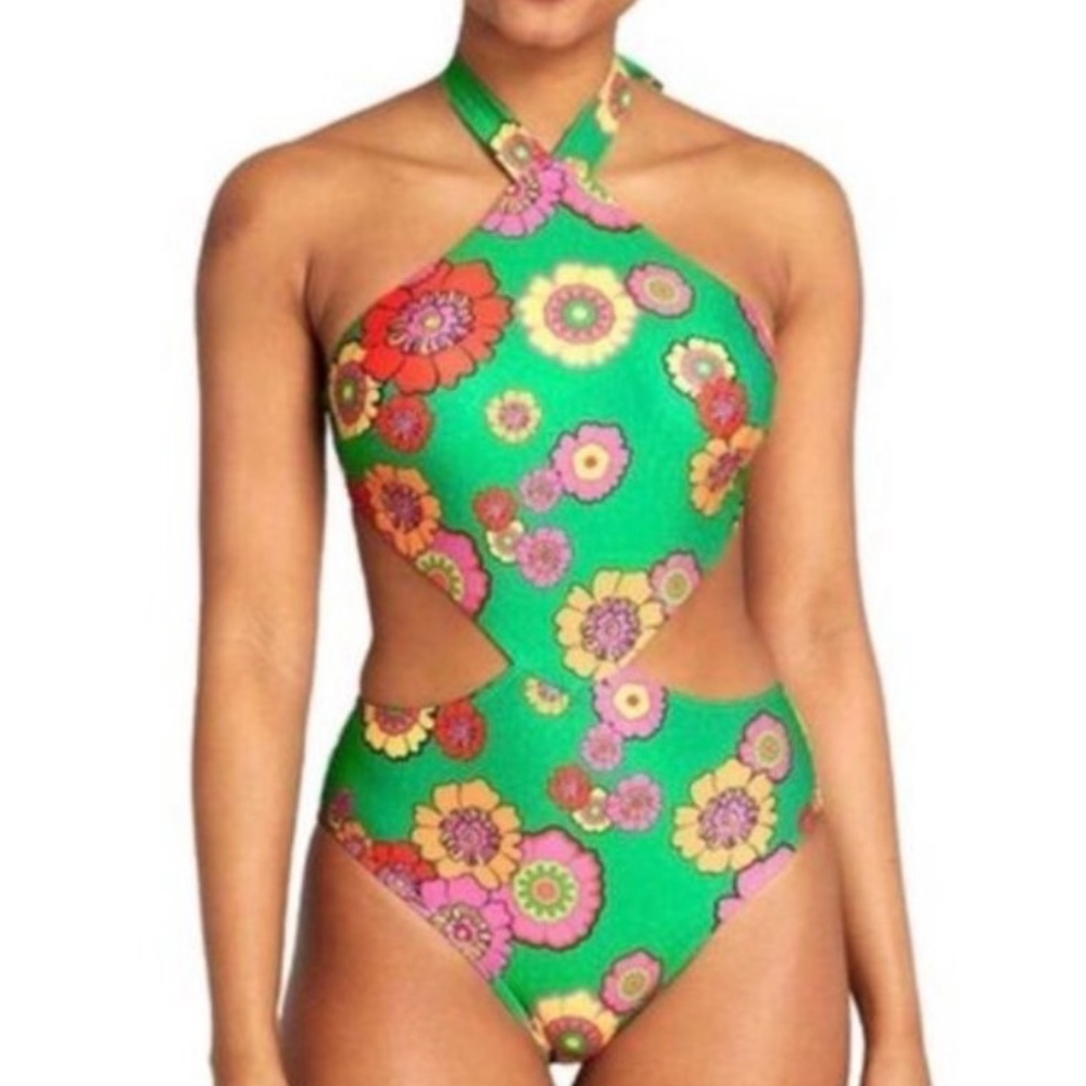 ModCloth The Betsey Floral Print One Piece Swimsuit Cutout Green Extra Large